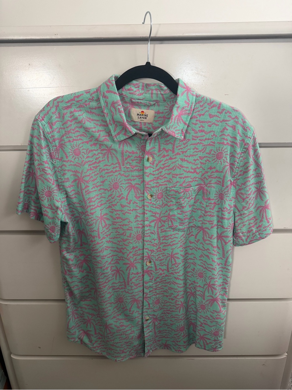 Marine Layer Mint Short-Sleeve Button-Up with Pink Tropical Print